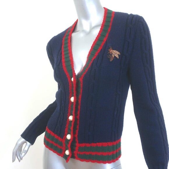Gucci Bee-Embroidered Cardigan Navy Wool Ribbed Knit Size Small V-Neck Sweater - Picture 3 of 10
